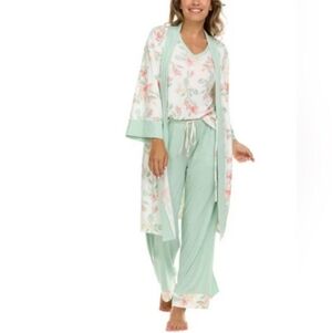 Flora Nikroz Ladies XXL Pajama Set with Robe Green Floral Polka Dots Like New